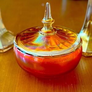 Vintage Marigold Carnival glass candy dish with lid